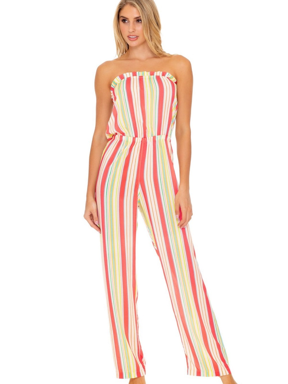 Luli Fama Strapless Multi-Stripe Jumpsuit in Coral, Yellow & Mint